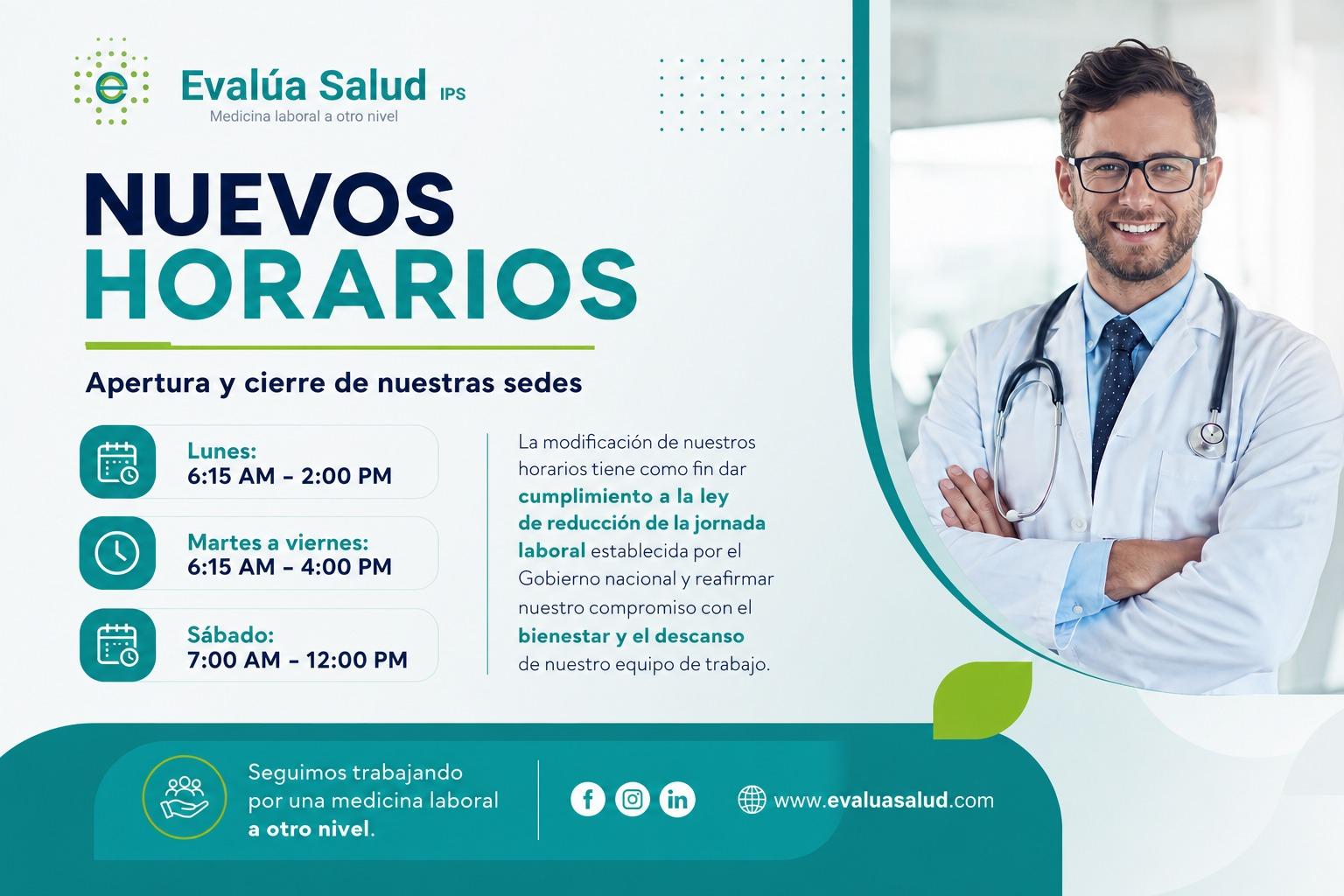 Nuevos horarios de apertura y cierre de sedes de Evalua Salud IPS